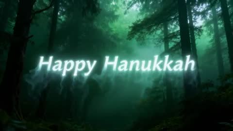 Ethereal Teal Hanukkah Greeting Video Loop with Glowing Text, Smoking Mist in Pine Forest