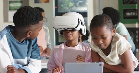 Children exploring virtual reality in classroom using tablet for collaborative learning