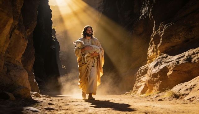 Walking bearded shepherd carrying lamb through sunlit canyon with dramatic sunbeams