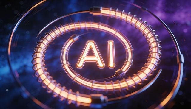 Neon ai core pulsing energy rings with futuristic coil circuitry and glowing emblem symbol