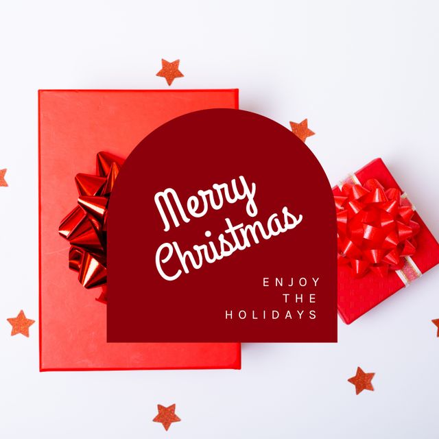 Image captures festive holiday cheer with neatly wrapped red gift boxes featuring large bows and surrounded by star-shaped confetti. Provides a 'Merry Christmas' greeting, suitable for cards, social media posts, and promotional materials. Ideal for celebrating Christmas and the holiday season.