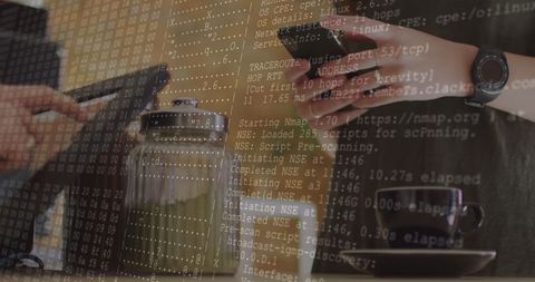 Hands Using Smartphone with Digital Data Overlay in Café Environment