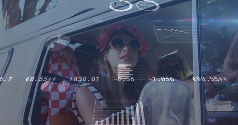 Digital Data Interface Overlay on Road Trip Adventure