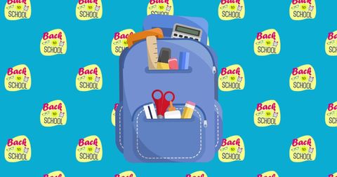 Stylish school backpack with supplies on blue back to school background