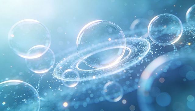 Floating crystal sphere with glowing particle halo drifting through blue bokeh cosmos
