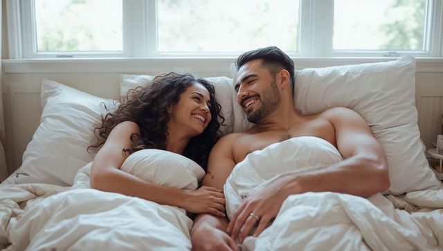 Happy Couple Relaxing in Cozy Bedroom with Morning Light