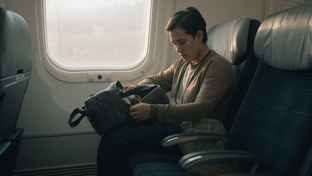 Solo traveler searching carry-on at window seat on airplane during quiet flight