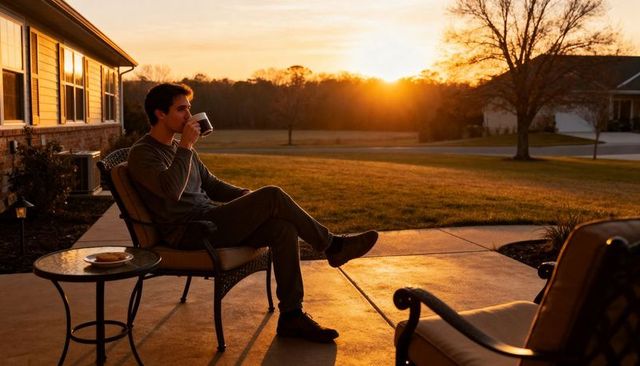 Young man sipping coffee on suburban porch at sunset relaxing with pastry