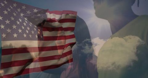 Translucent american flag with people silhouettes celebrating togetherness