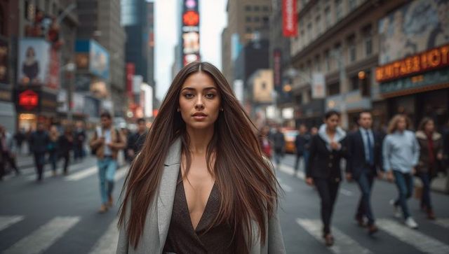 Confident woman making eye contact on busy city crosswalk, streetstyle fashion portrait