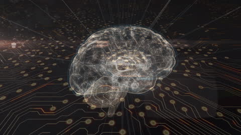 Futuristic Brain Animation with Integrated Circuit Patterns