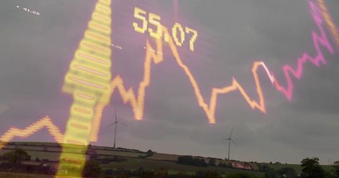 Neon Financial Chart Over Farmland with Wind Turbines and Bar-Line Graph