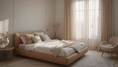 Serene Minimal Bedroom Featuring Padded Low Platform Bed, Layered Linen, Soft Daylight