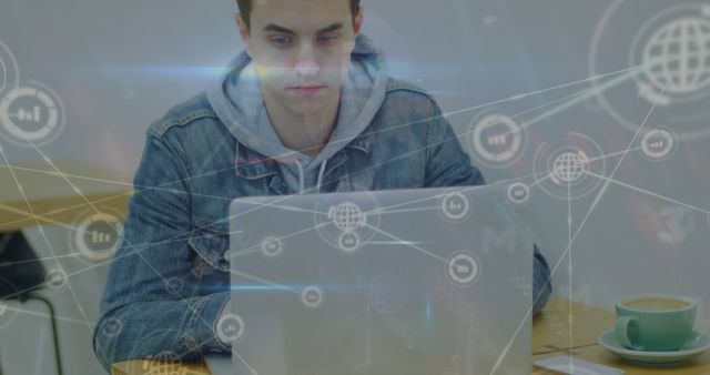 Young man studying laptop with holographic data network overlay depicts a focused student engaging with cutting-edge technology. Ideal for educational institution promotions, technology-themed articles, or illustrating the future of learning and digital connectivity.