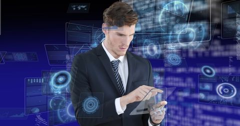 Businessman Interacting with Futuristic Digital Interface - Download Free Stock Images Pikwizard.com