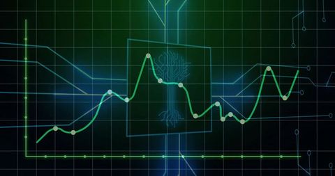 Neon AI Data Visualization Dashboard Displaying Neural-Tree Line Chart with Nodes
