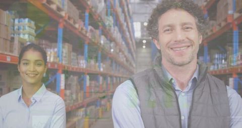 Smiling Warehouse Workers with Digital Data Overlay in Logistics