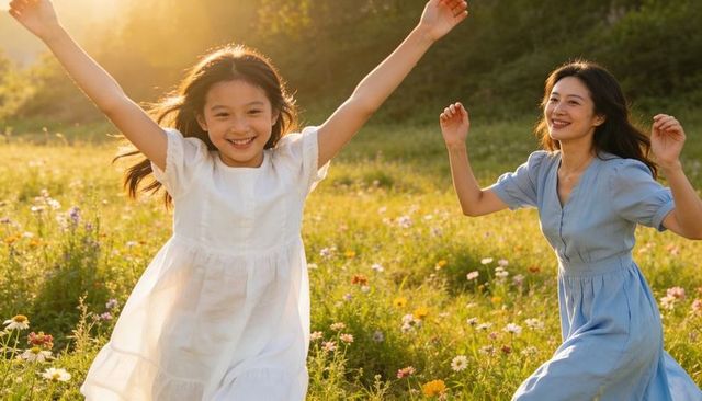 Mother and daughter running in sunlit wildflower meadow at golden hour
