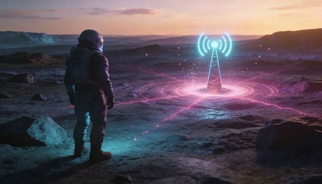 Astronaut discovering holographic signal tower on alien rocky plain with neon rings at twilight