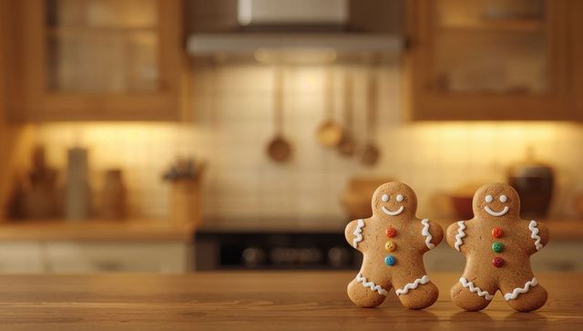 Two Smiling Gingerbread Cookies on Wooden Counter in Cozy Kitchen with Warm Lighting