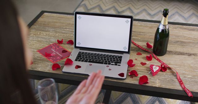 Romantic Virtual Date Setup With Laptop and Champagne - Download Free Stock Images Pikwizard.com