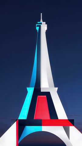 Vertical video pulsing stylized Eiffel Tower glowing cyan red lights over deep blue sky