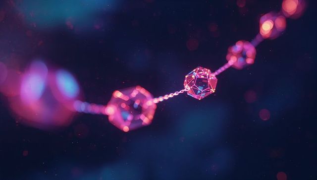 Floating Chain of Luminous Magenta Polyhedra in Cyberspace