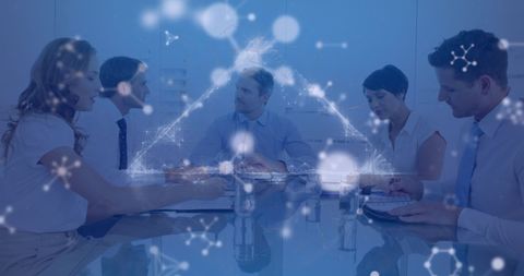 Innovative Team Meeting with Digital DNA Concept Overlay