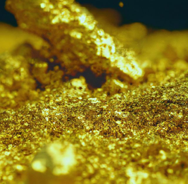 Shimmering close-up of golden rock fragments highlighting the metallic shine and rich texture of raw gold. Ideal for use in articles, content about wealth, luxury, geology, mining, or design work that emphasizes opulence and precious materials. Useful for backgrounds, presentations, or any visual needing a touch of sparkling gold.