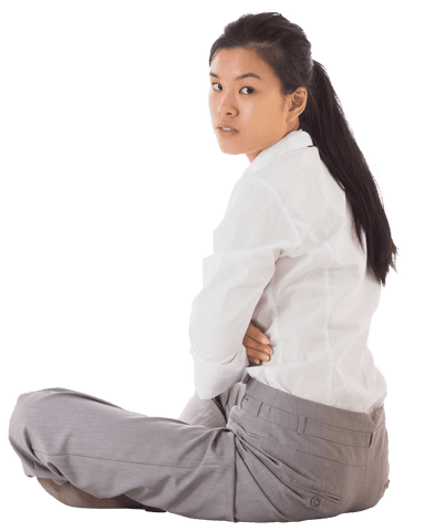 transparent businesswoman sitting cross-legged frowning pose - Download Free Stock Videos Pikwizard.com