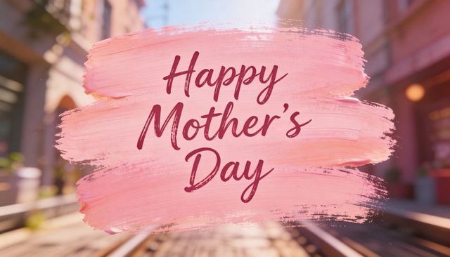 Happy mother's day pink brush stroke overlay over blurred urban tram tracks background