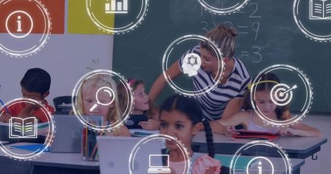 Teacher guiding students using tablets and headphones in modern classroom with AR icons