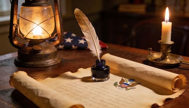 Warm candlelight illuminating founding-era parchment bearing great seal with quill and flag