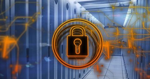 Glowing padlock securing a high-tech data center