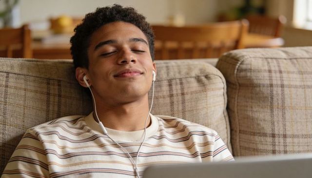 Young man relaxing on couch listening to music with earbuds and laptop in cozy living room
