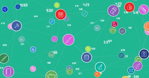 Network of social media and communication icons on green background