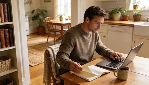 Man working remotely at kitchen table with laptop and notebook cozy neutral home workspace