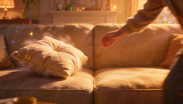 Floating tufted cushion releasing golden dust over cozy beige sofa with warm lamp glow