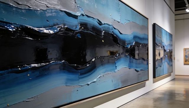Displaying large abstract blue and black impasto painting in contemporary gallery interior