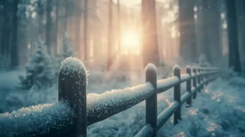 Sunrise Illuminating Snow-Covered Forest Fence With Golden Light