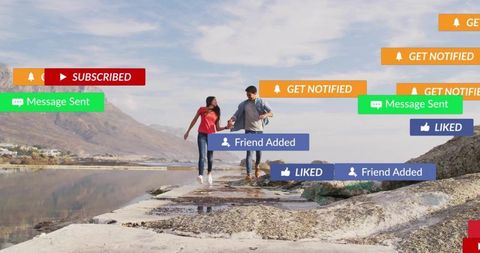 Young couple walking on rocky shore with floating social media notifications, subscribed liked