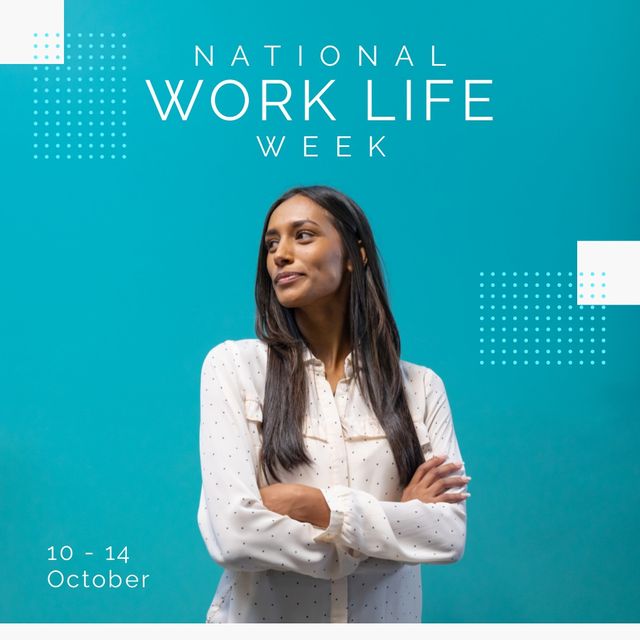 This image features a confident biracial woman in a white shirt standing against a blue background. She is promoting National Work Life Week which is taking place from October 10-14. This visual is ideal for use in campaigns, blog posts, or social media updates focusing on work-life balance, professional growth, and employee wellness. It highlights themes of workplace health and career development, making it suitable for HR departments, corporate presentations, and wellness programs.