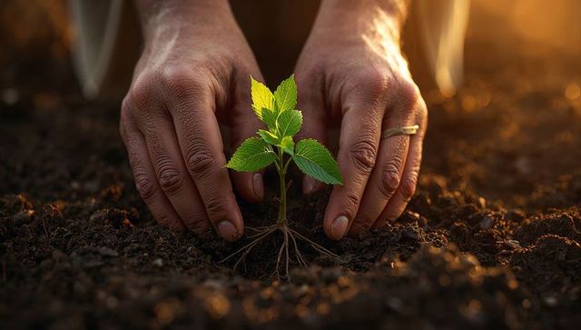 Nurturing New Growth: Hands Planting Seedling in Garden