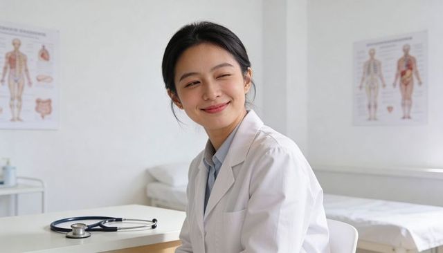 Smiling winking female doctor wearing white coat sitting at clinic desk with stethoscope