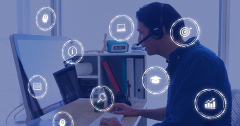 Online learning tools around focused worker in home office