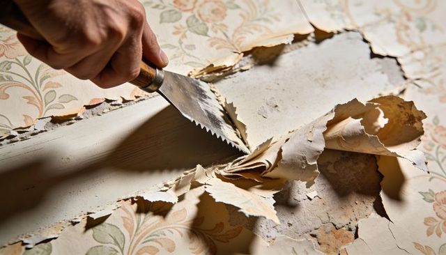 Homeowner scraping floral wallpaper, revealing cracked plaster and peeling layers close-up