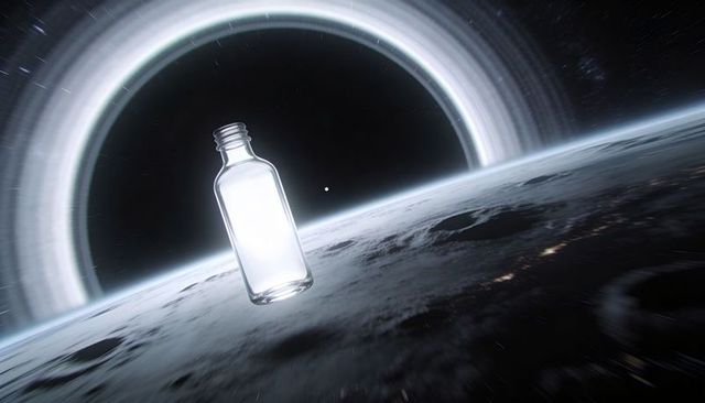 Floating glass bottle above cratered moon with luminous ring and cosmic halo