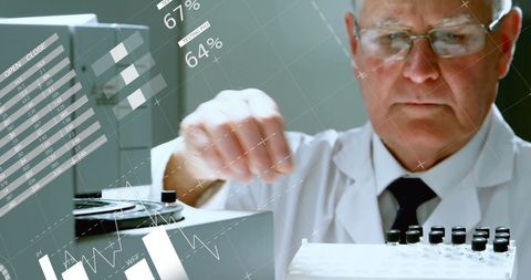 Caucasian scientist analyzing tech-finance data in laboratory environment