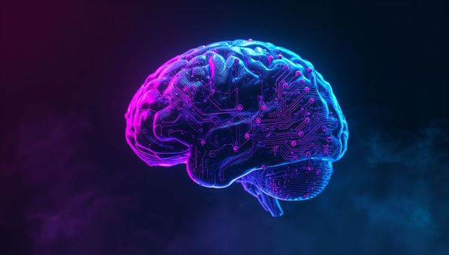 Futuristic 3d brain model with neon circuit patterns