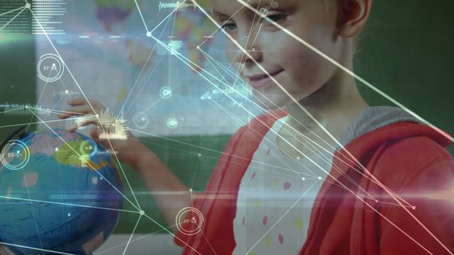 Caucasian girl interacts with a globe model overlaid with augmented reality network lines and icons in a classroom. Represents modern education, technology in schools, and interactive learning methods. Ideal for use in educational technology content, school promotions, and future learning concept visuals.